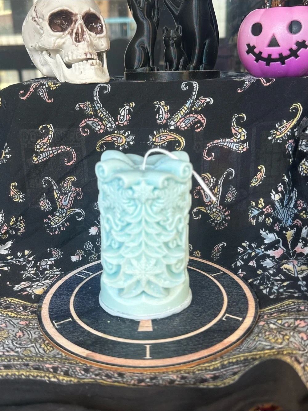 Icy Blue Winter Evergreen Pillar Candle